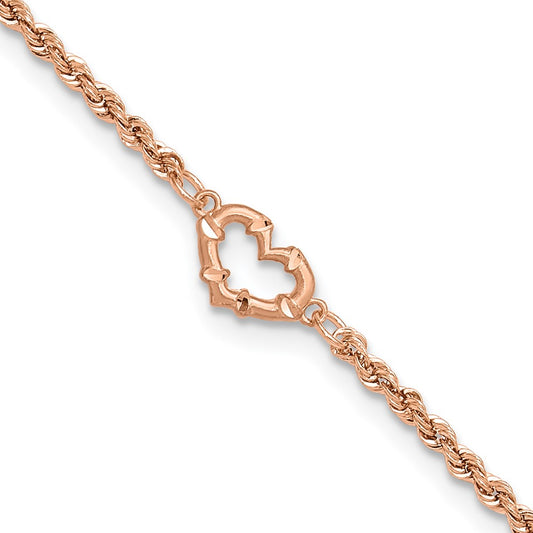 14K Rose Gold Diamond-cut Open Heart and Rope Chain 11 Inch Anklet