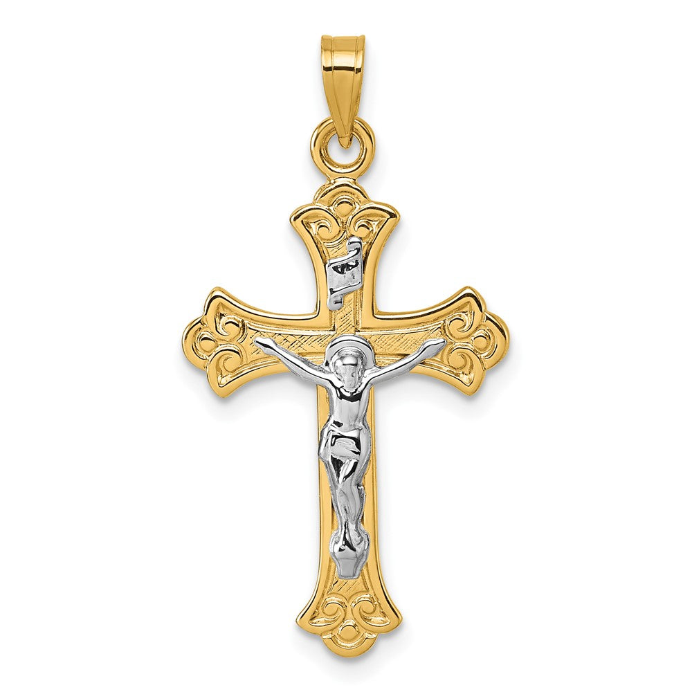 14K Yellow Gold with Rhodium Polished Fleur de Lis INRI Crucifix Cross Pendant