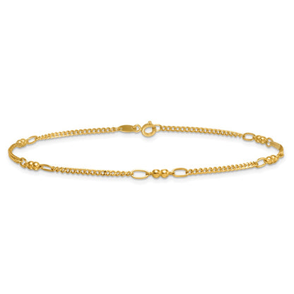 14K Yellow Gold Polished and Diamond-cut 5-Station Beaded Mixed Link 10 Inch Anklet