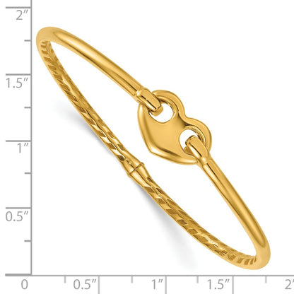 14K Yellow Gold Polished Heart Clasp Hinged Oval Bangle Bracelet