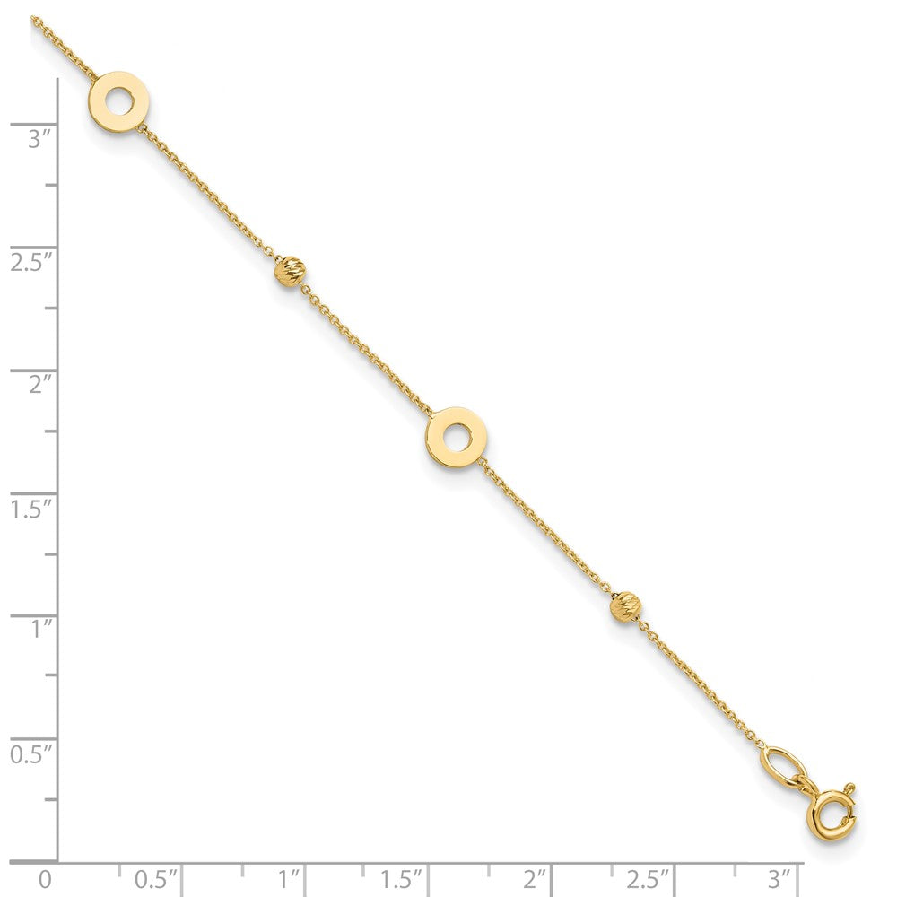 14K Yellow Gold Circles and Beads 9 Inch Plus 1 Inch Extender - Total 10 Inch Anklet