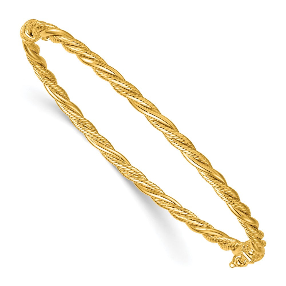 14K Yellow Gold Polished and Textured 3.25mm Twisted Hinged Oval Bangle Bracelet