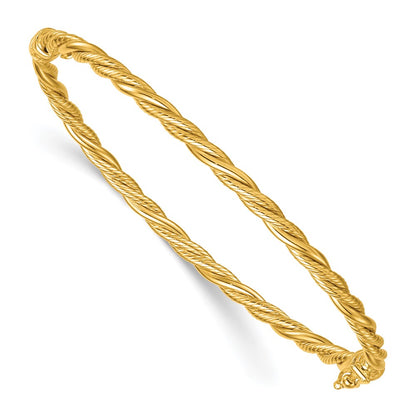 14K Yellow Gold Polished and Textured 3.25mm Twisted Hinged Oval Bangle Bracelet