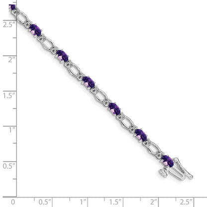 14K White Gold Complete Diamond and Oval Amethyst Heart Accent 7 Inch Bracelet