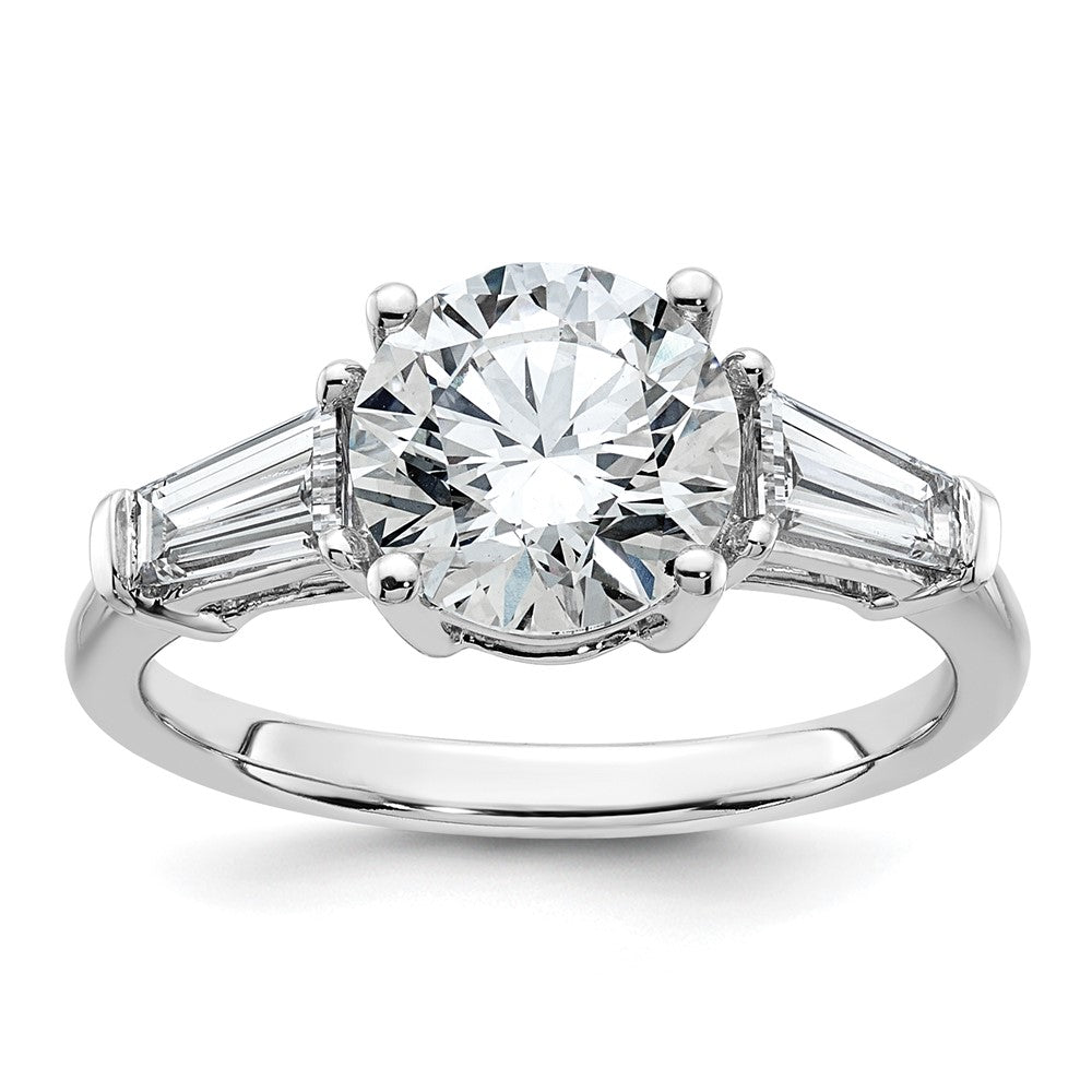 14K White Gold 3/4 carat Lab Grown Diamond VS+ F+ Tapered Baguette with 2 carat Round Center Semi Mount Three Stone Engagement Ring