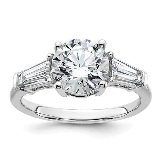 14K White Gold 3/4 carat Lab Grown Diamond VS+ F+ Tapered Baguette with 2 carat Round Center Semi Mount Three Stone Engagement Ring