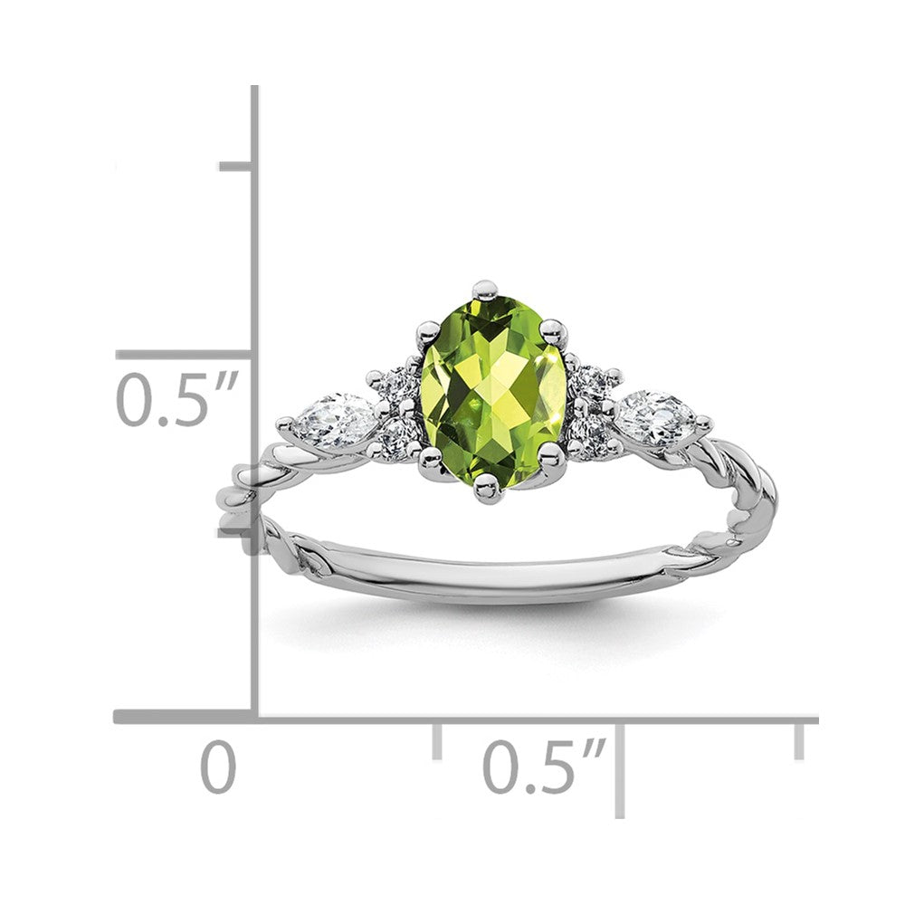 14K White Gold Diamond and 7x5 Oval August/Peridot Size 7 Twisted Ring