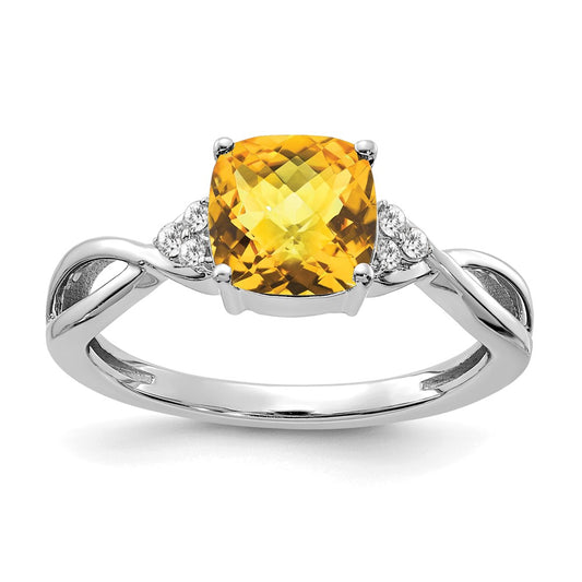 14K White Gold 7mm Cushion Checkerboard November/Citrine and Diamond Ring