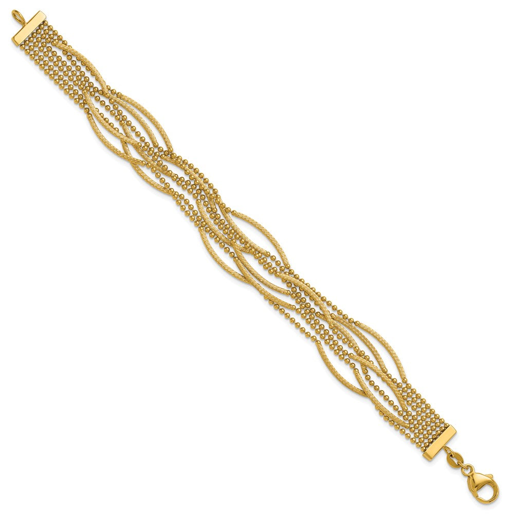 14K Yellow Gold Polished and Textured Multi Strand Beaded 7.25 Inch Bracelet