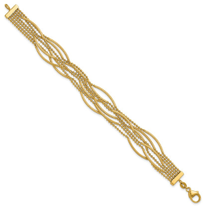 14K Yellow Gold Polished and Textured Multi Strand Beaded 7.25 Inch Bracelet