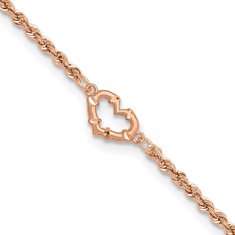 14K Rose Gold Diamond-cut Open Heart and Rope Chain 9 Inch Anklet