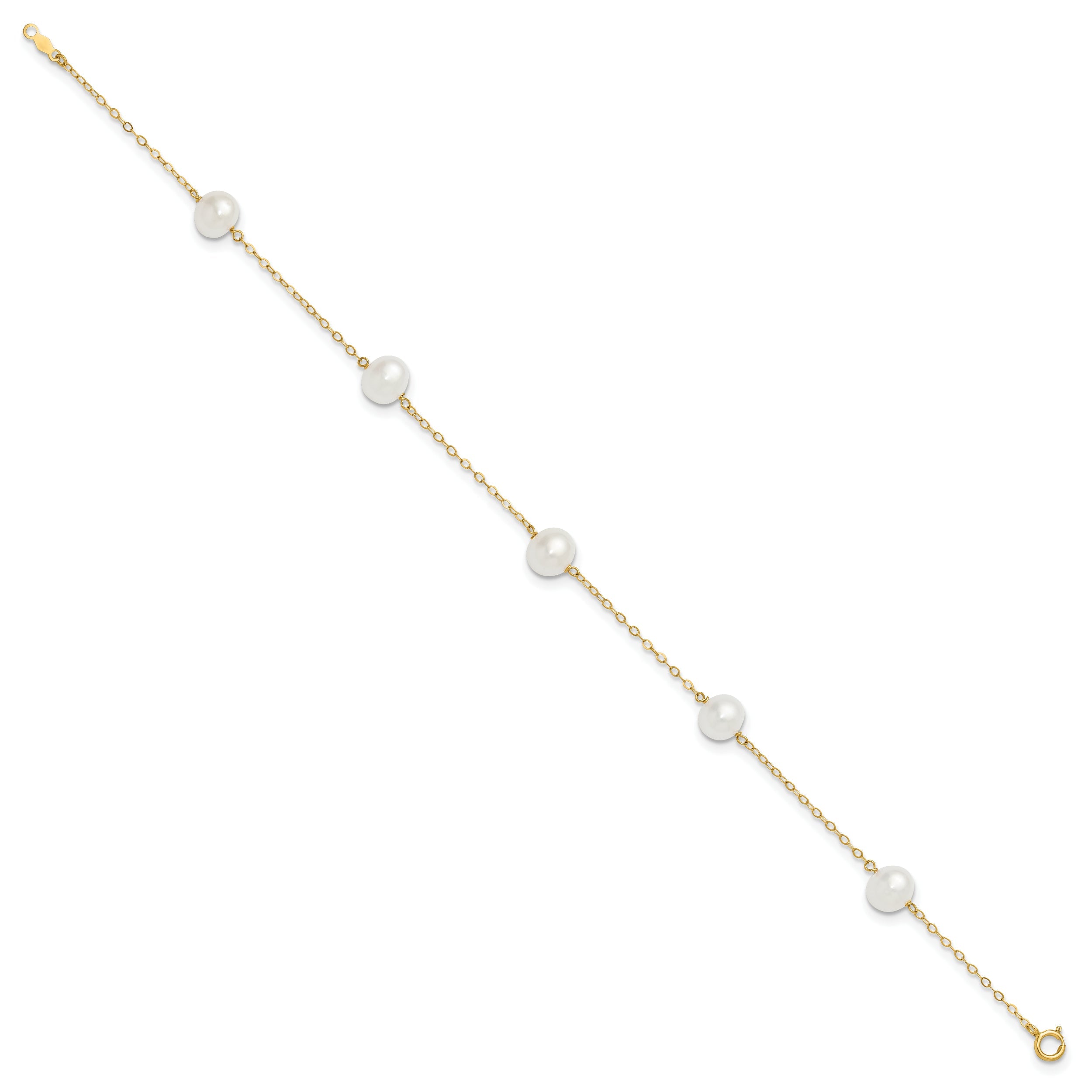 10K Yellow Gold 7-8mm White Near-Round Freshwater Cultured Pearl 5-Station 9 Inch Anklet