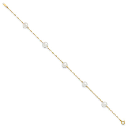 10K Yellow Gold 7-8mm White Near-Round Freshwater Cultured Pearl 5-Station 9 Inch Anklet