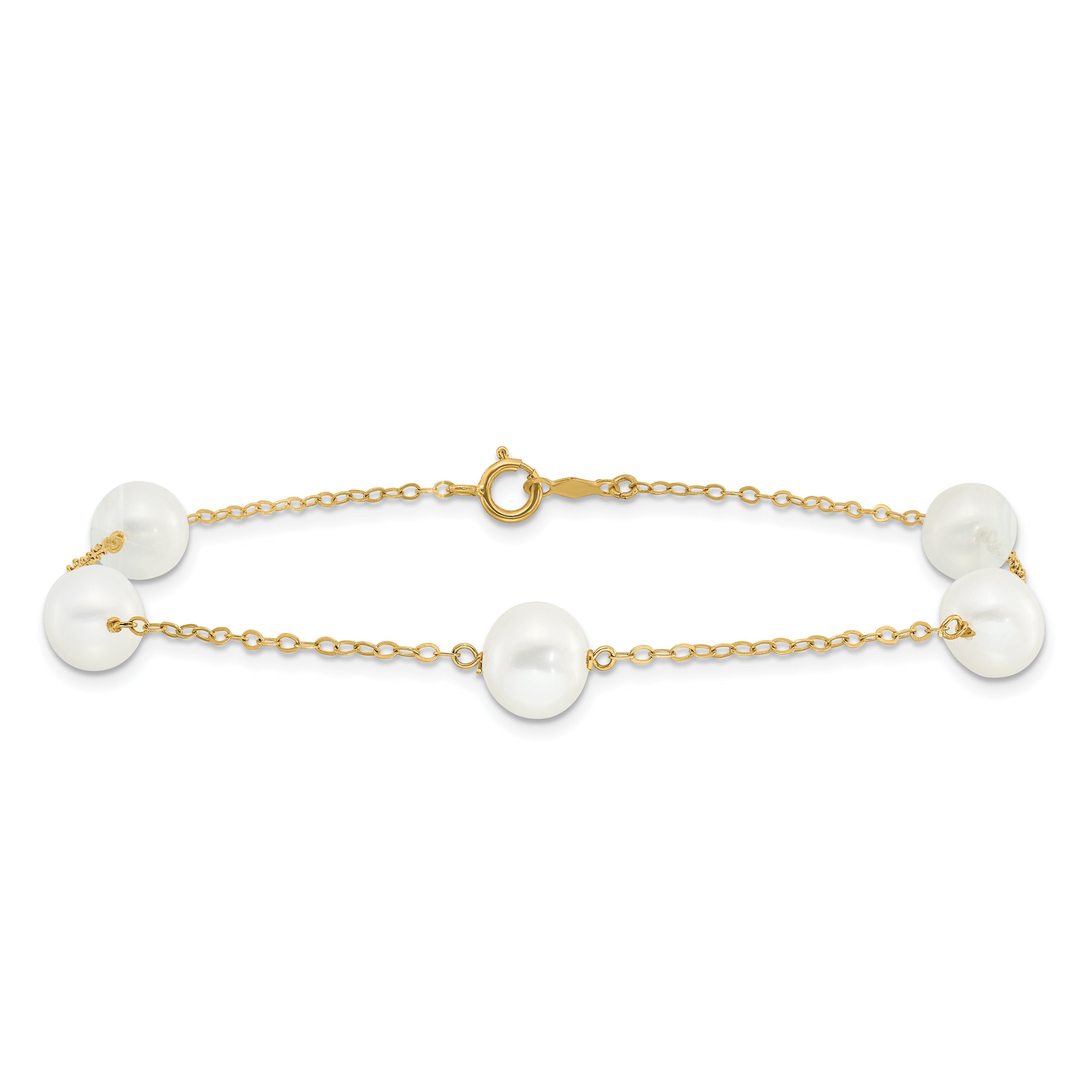 10K Yellow Gold 7-8mm White Near-Round Freshwater Cultured Pearl 5-Station 9 Inch Anklet
