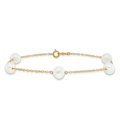10K Yellow Gold 7-8mm White Near-Round Freshwater Cultured Pearl 5-Station 9 Inch Anklet