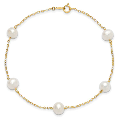 10K Yellow Gold 7-8mm White Near-Round Freshwater Cultured Pearl 5-Station 9 Inch Anklet