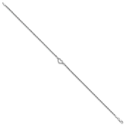10K White Gold Diamond-Cut Rope With Heart 10In Anklet