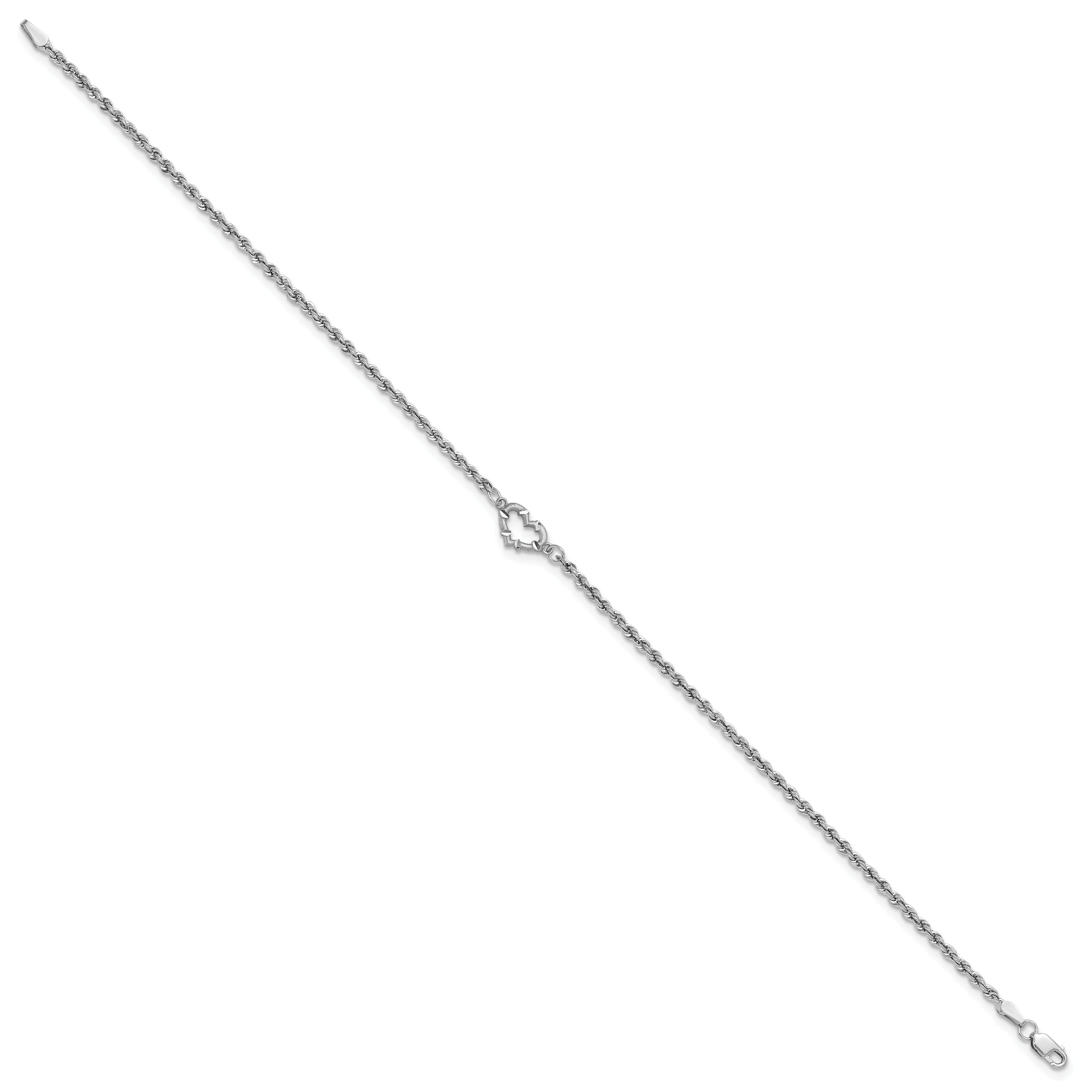 10K White Gold Diamond-Cut Hollow Rope With Heart 9In Anklet