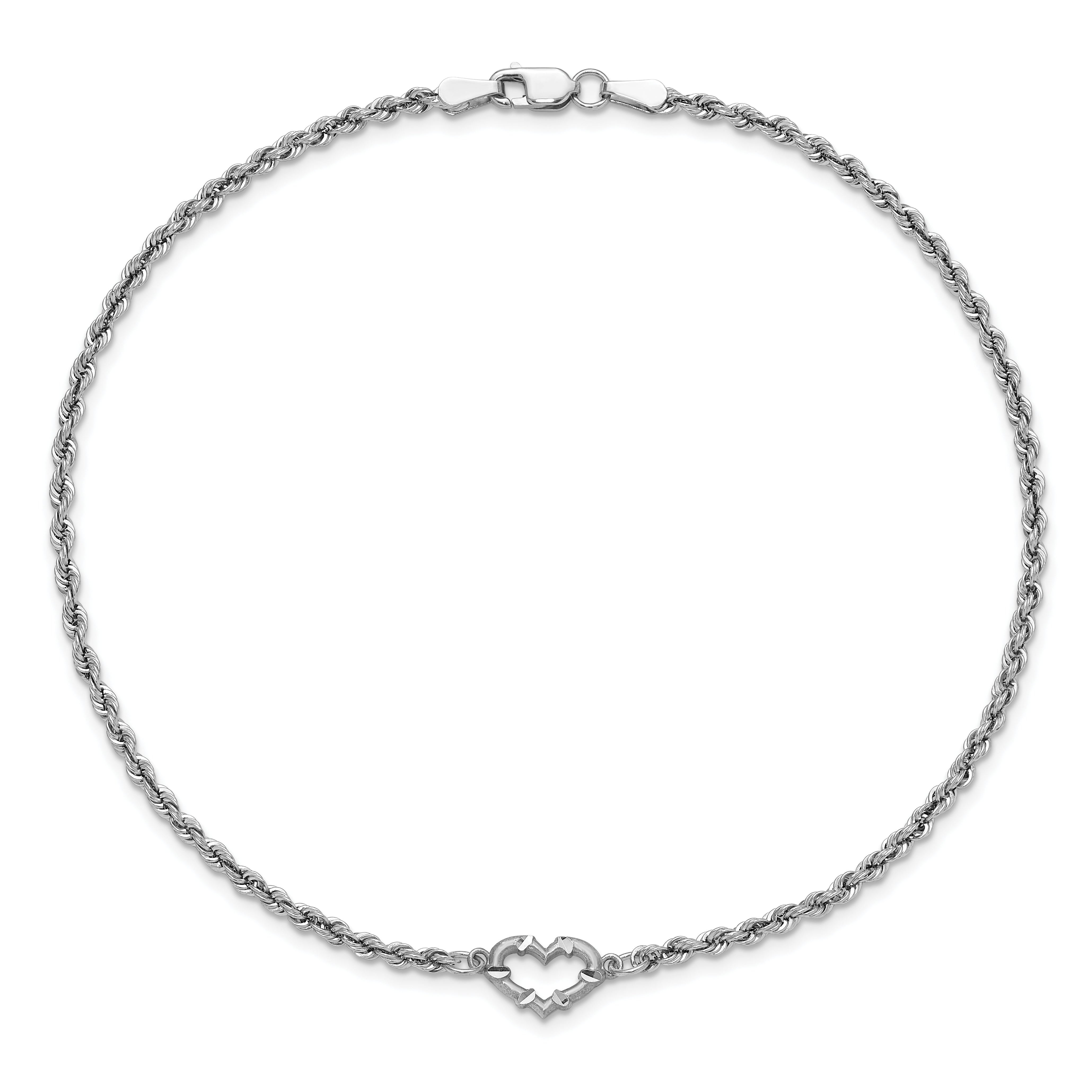 10K White Gold Diamond-Cut Rope With Heart 10In Anklet