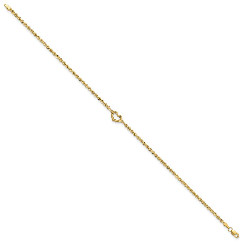 10K Yellow Gold Diamond-Cut Open Heart Rope 9Inch Anklet