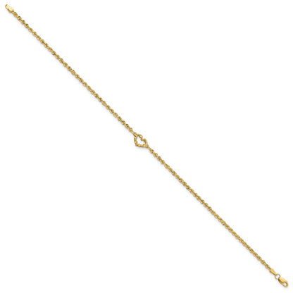 10K Yellow Gold Diamond-Cut Open Heart Rope 9Inch Anklet