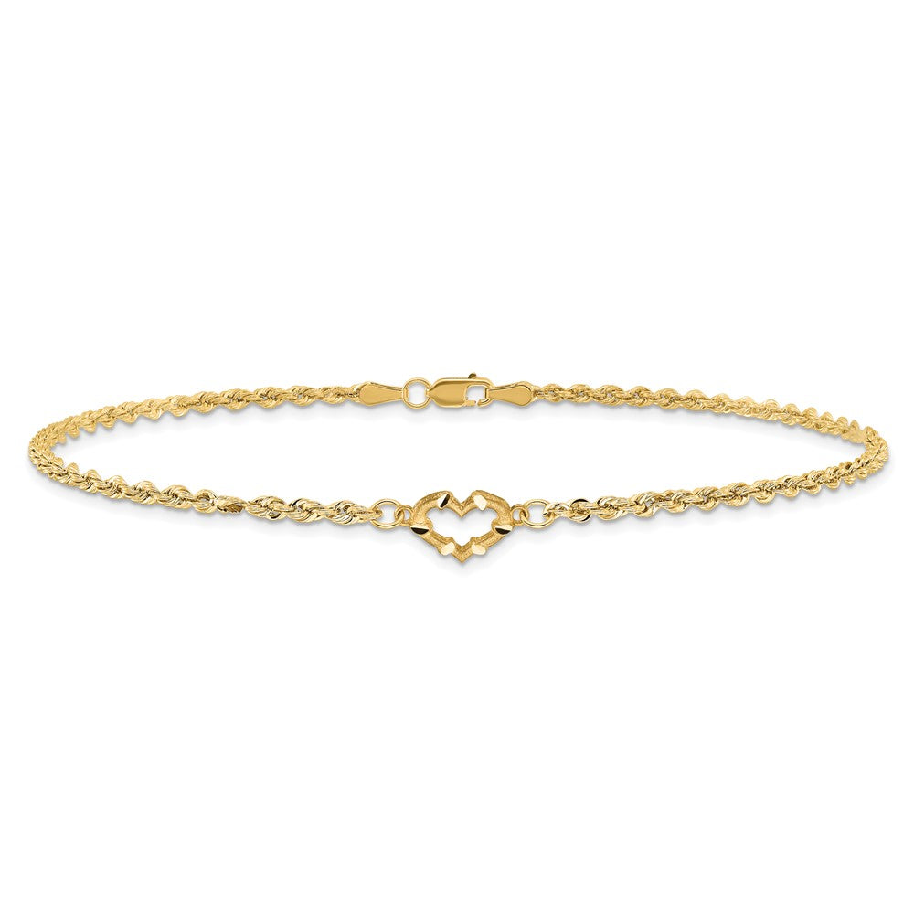 10K Yellow Gold Diamond-Cut Open Heart Rope 9Inch Anklet