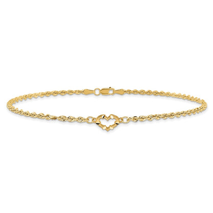 10K Yellow Gold Diamond-Cut Open Heart Rope 9Inch Anklet