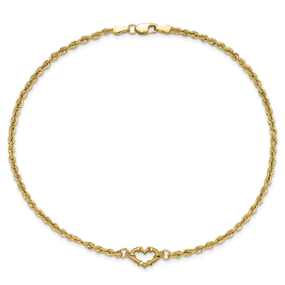 10K Yellow Gold Diamond-Cut Open Heart Rope 9Inch Anklet