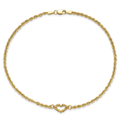 10K Yellow Gold Diamond-Cut Open Heart Rope 9Inch Anklet