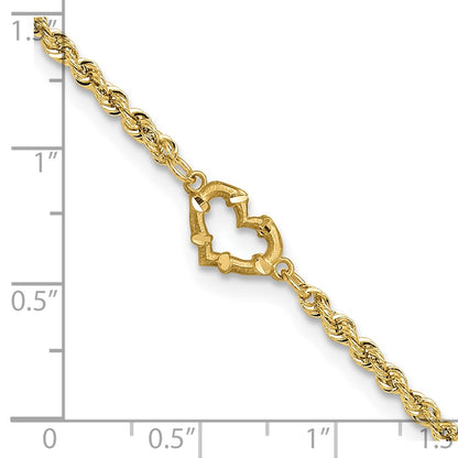 10K Yellow Gold Diamond-Cut Open Heart Rope Anklet