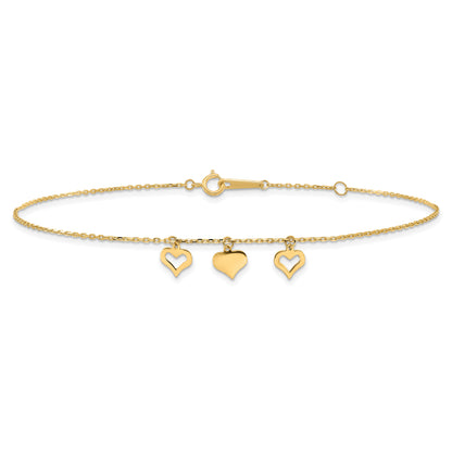 10K Yellow Gold 3 Hearts 9In Plus 1In Extension Anklet
