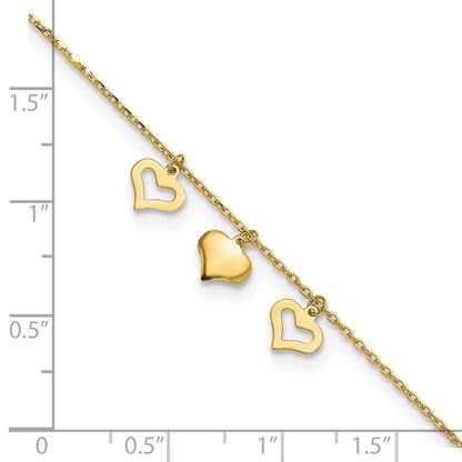 10K Yellow Gold 3 Hearts 9In Plus 1In Extension Anklet