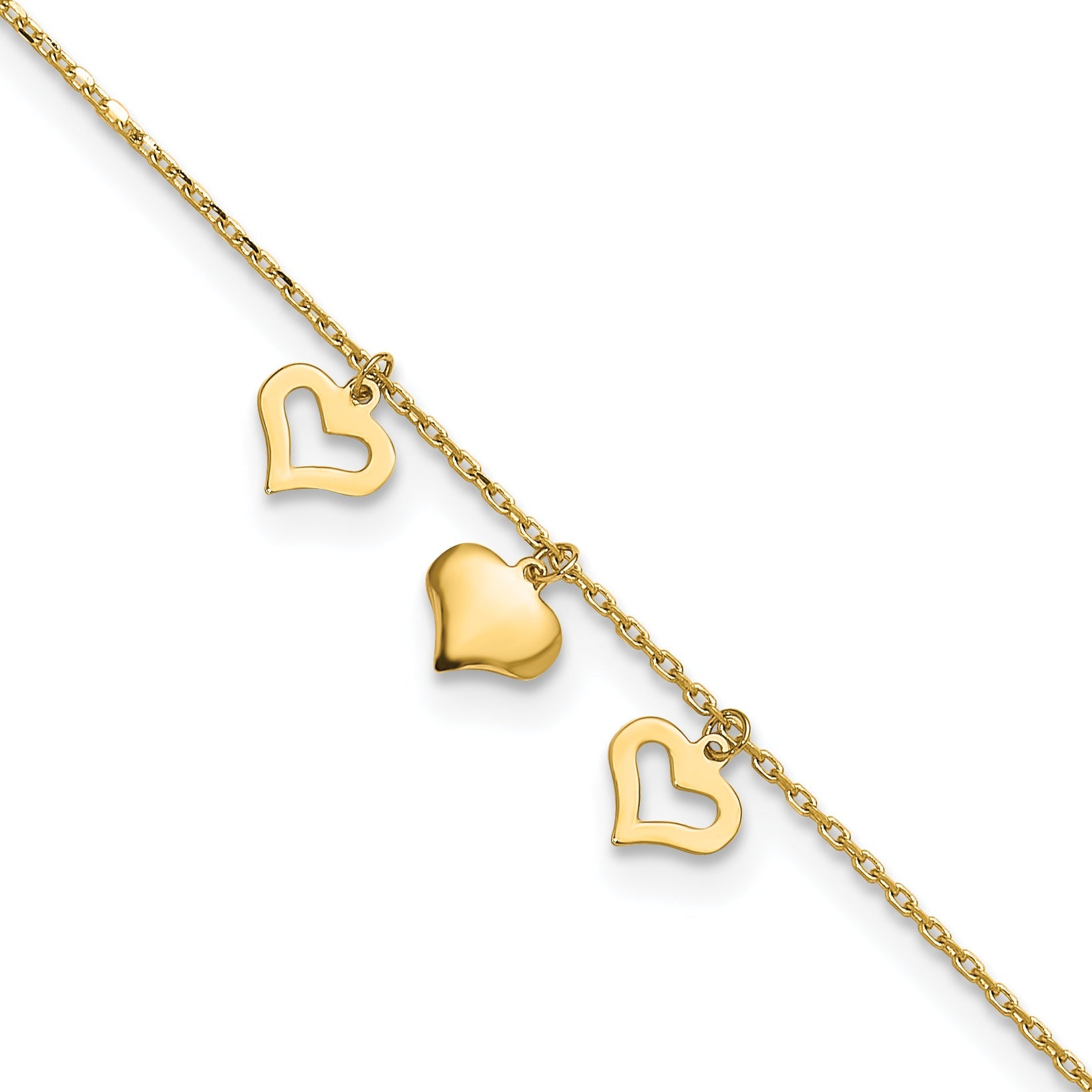 10K Yellow Gold 3 Hearts 9In Plus 1In Extension Anklet