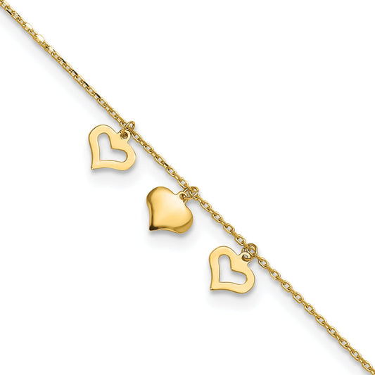 10K Yellow Gold 3 Hearts 9In Plus 1In Extension Anklet