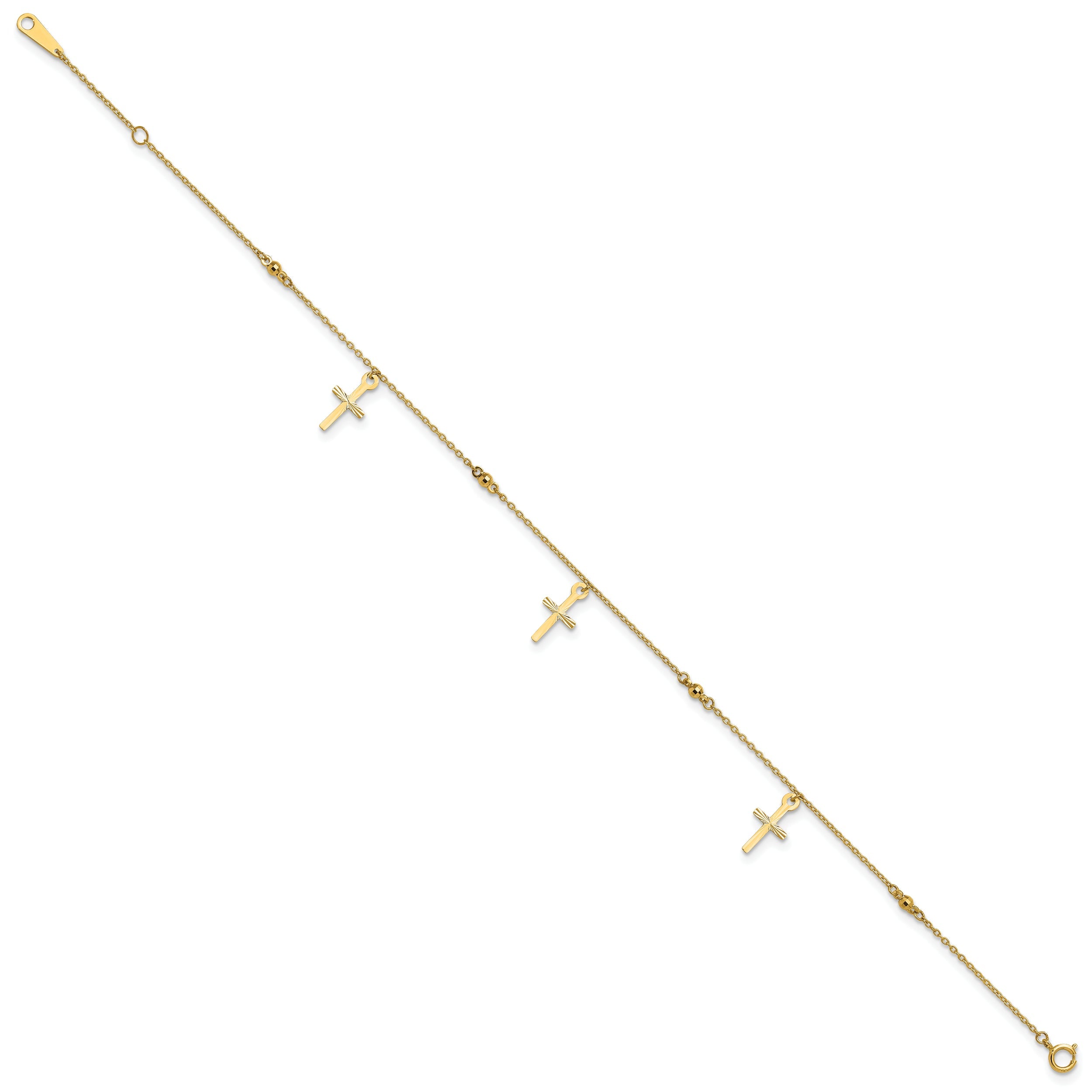 10K Yellow Gold Polished And Textured Cross 9In Plus 1In Ext. Anklet