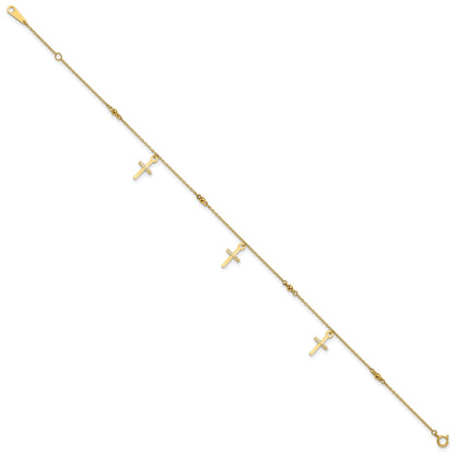 10K Yellow Gold Polished And Textured Cross 9In Plus 1In Ext. Anklet