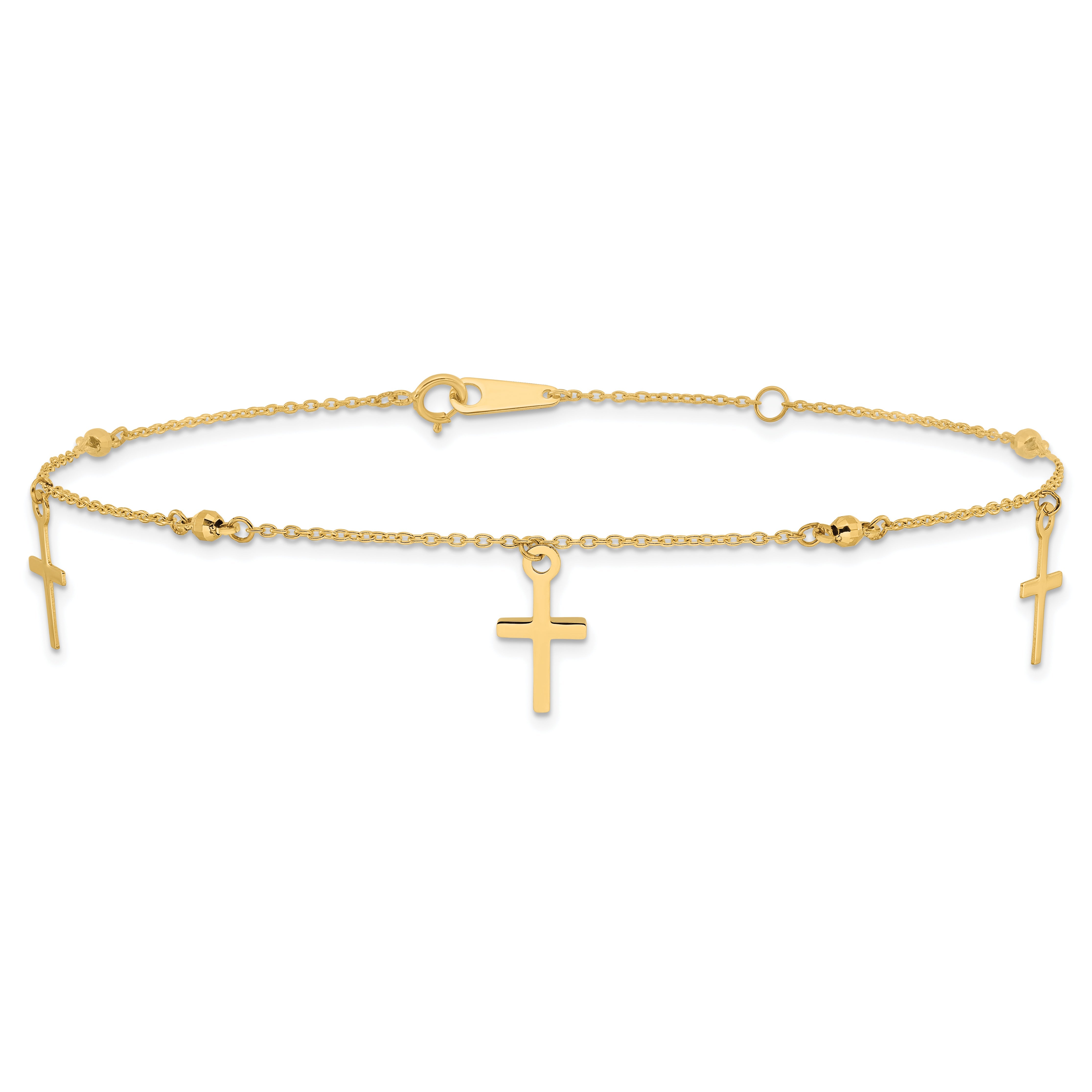 10K Yellow Gold Polished And Textured Cross 9In Plus 1In Ext. Anklet