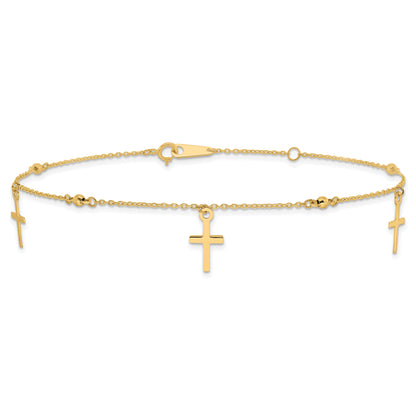 10K Yellow Gold Polished And Textured Cross 9In Plus 1In Ext. Anklet
