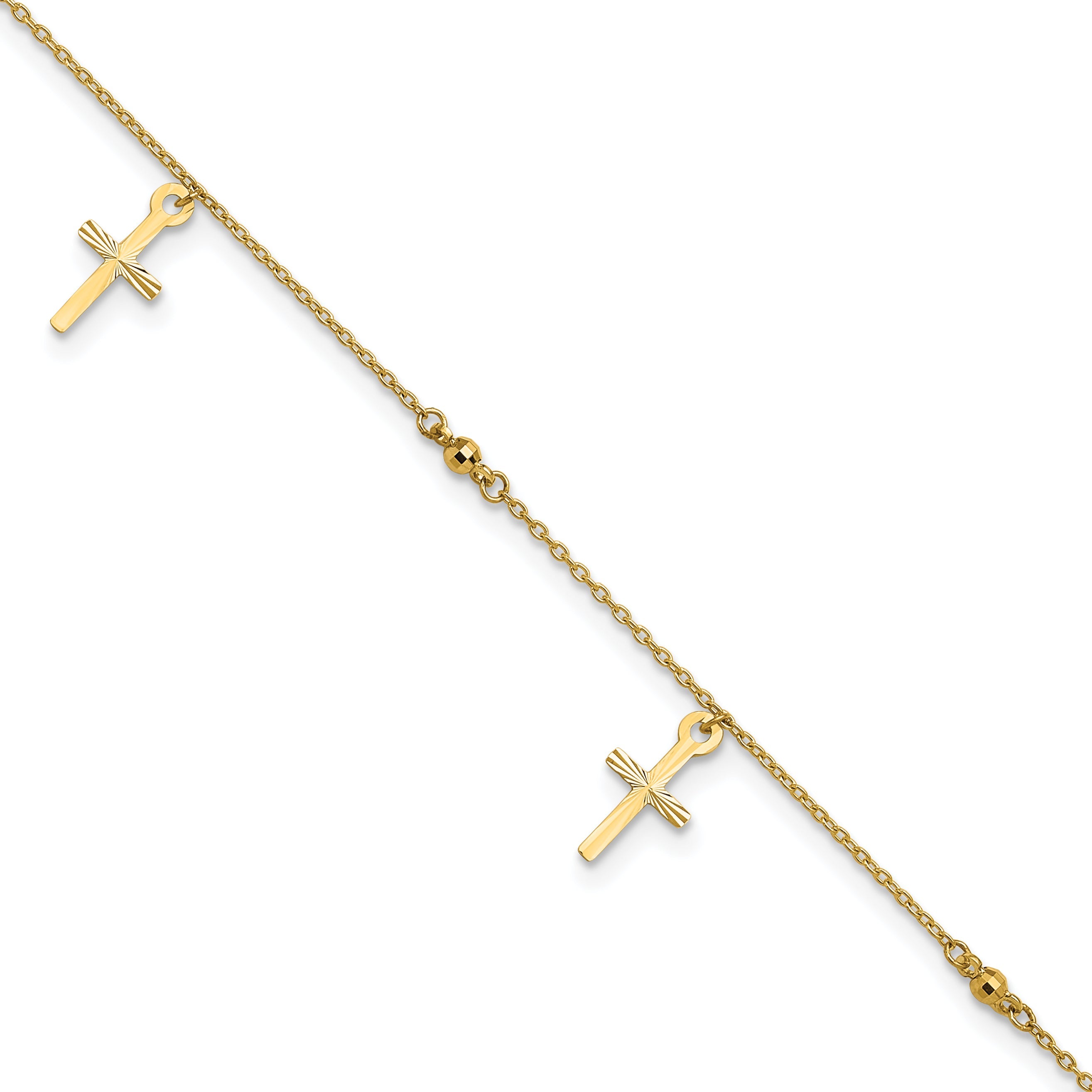 10K Yellow Gold Polished And Textured Cross 9In Plus 1In Ext. Anklet