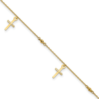 10K Yellow Gold Polished And Textured Cross 9In Plus 1In Ext. Anklet