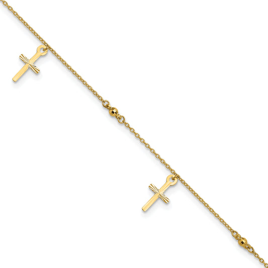 10K Yellow Gold Polished And Textured Cross 9In Plus 1In Ext. Anklet