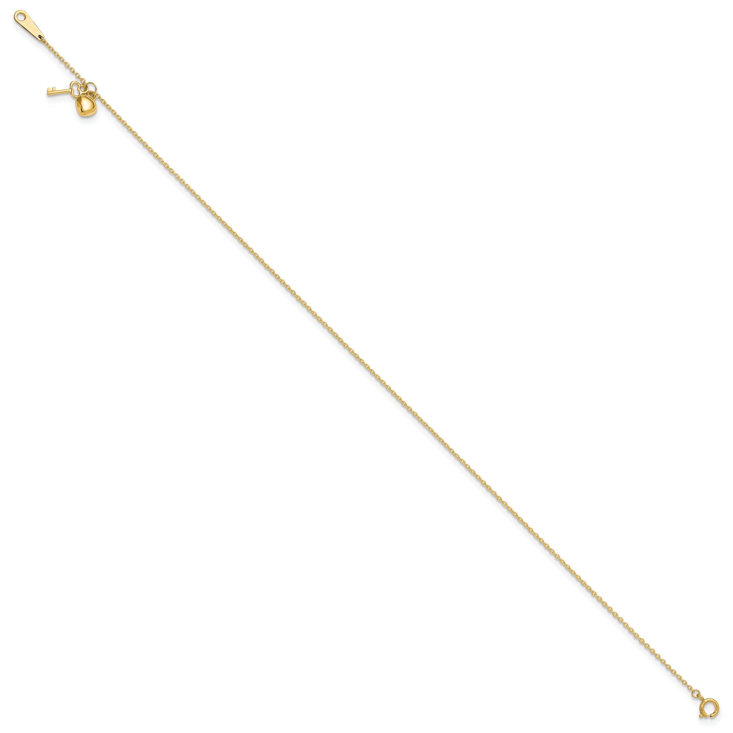 10K Yellow Gold Heart And Key 9In Plus 1In Ext. Anklet
