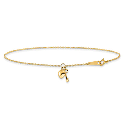 10K Yellow Gold Heart And Key 9In Plus 1In Ext. Anklet