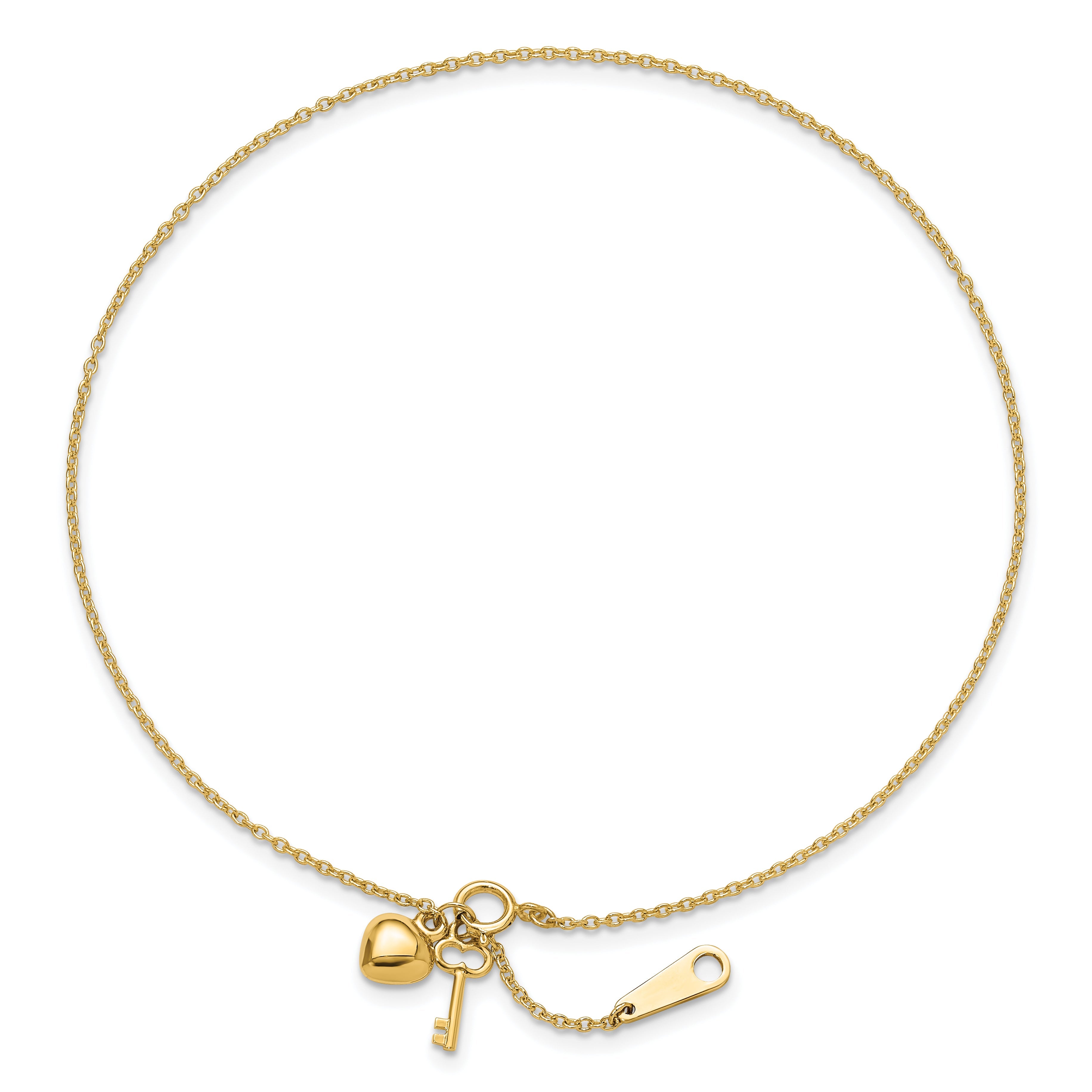 10K Yellow Gold Heart And Key 9In Plus 1In Ext. Anklet