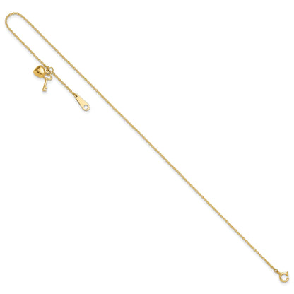 10K Yellow Gold Heart And Key 9In Plus 1In Ext. Anklet