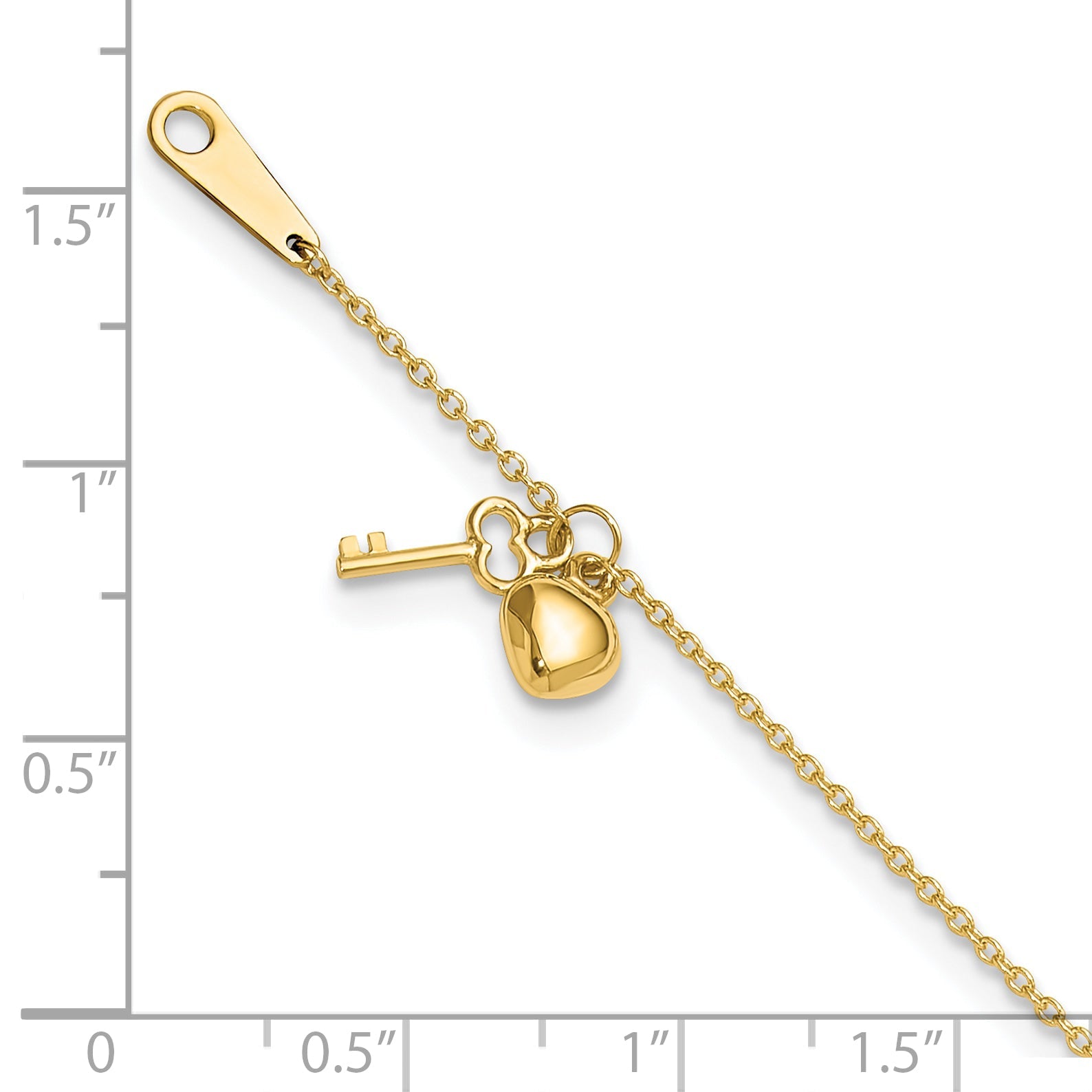 10K Yellow Gold Heart And Key 9In Plus 1In Ext. Anklet