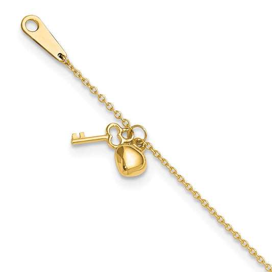 10K Yellow Gold Heart And Key 9In Plus 1In Ext. Anklet