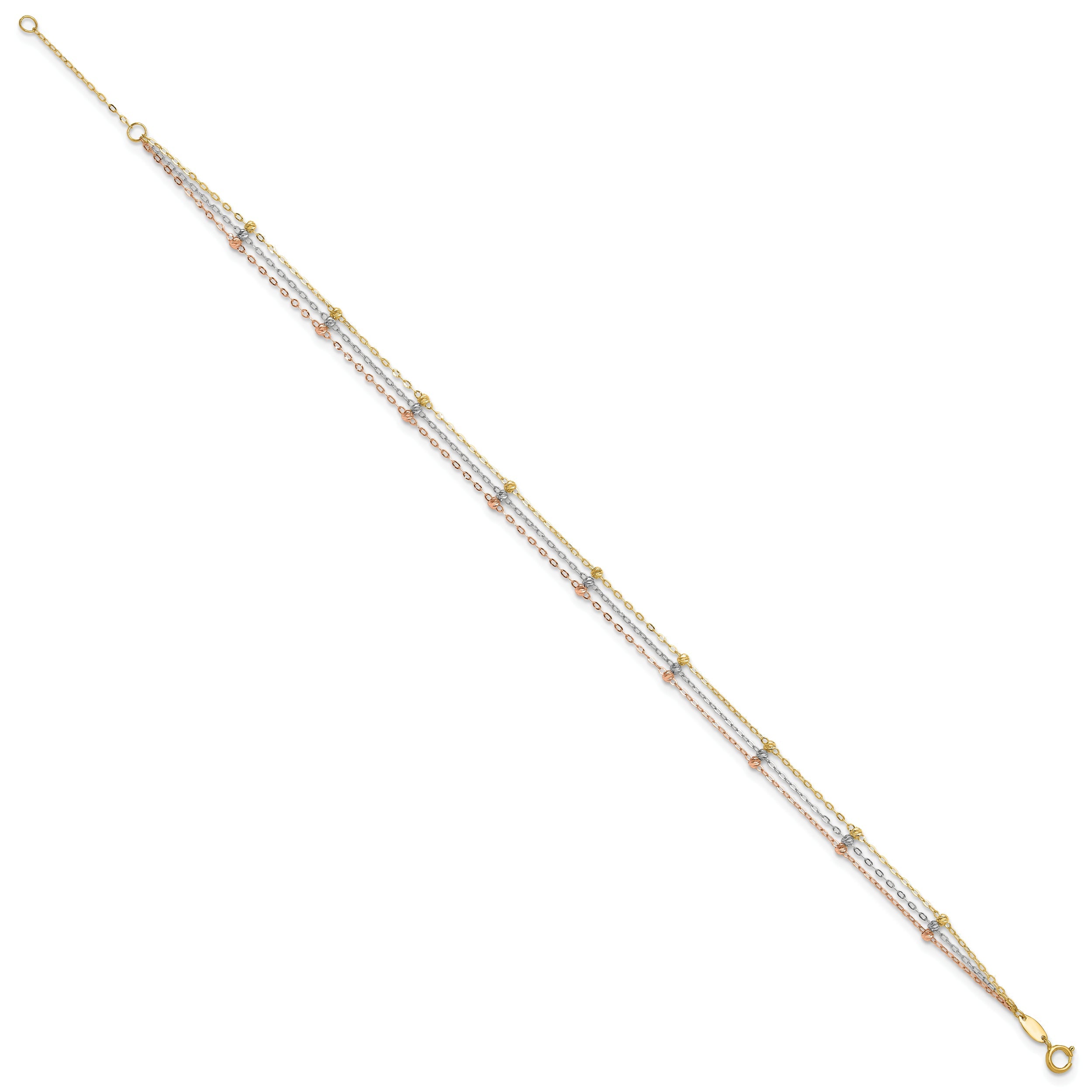 10K Tri Color Tri-Color 3-Strand Diamond-Cut Beaded 9In Plus 1In Ext Anklet
