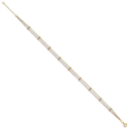 10K Tri Color Tri-Color 3-Strand Diamond-Cut Beaded 9In Plus 1In Ext Anklet