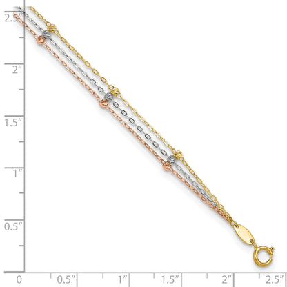 10K Tri Color Tri-Color 3-Strand Diamond-Cut Beaded 9In Plus 1In Ext Anklet